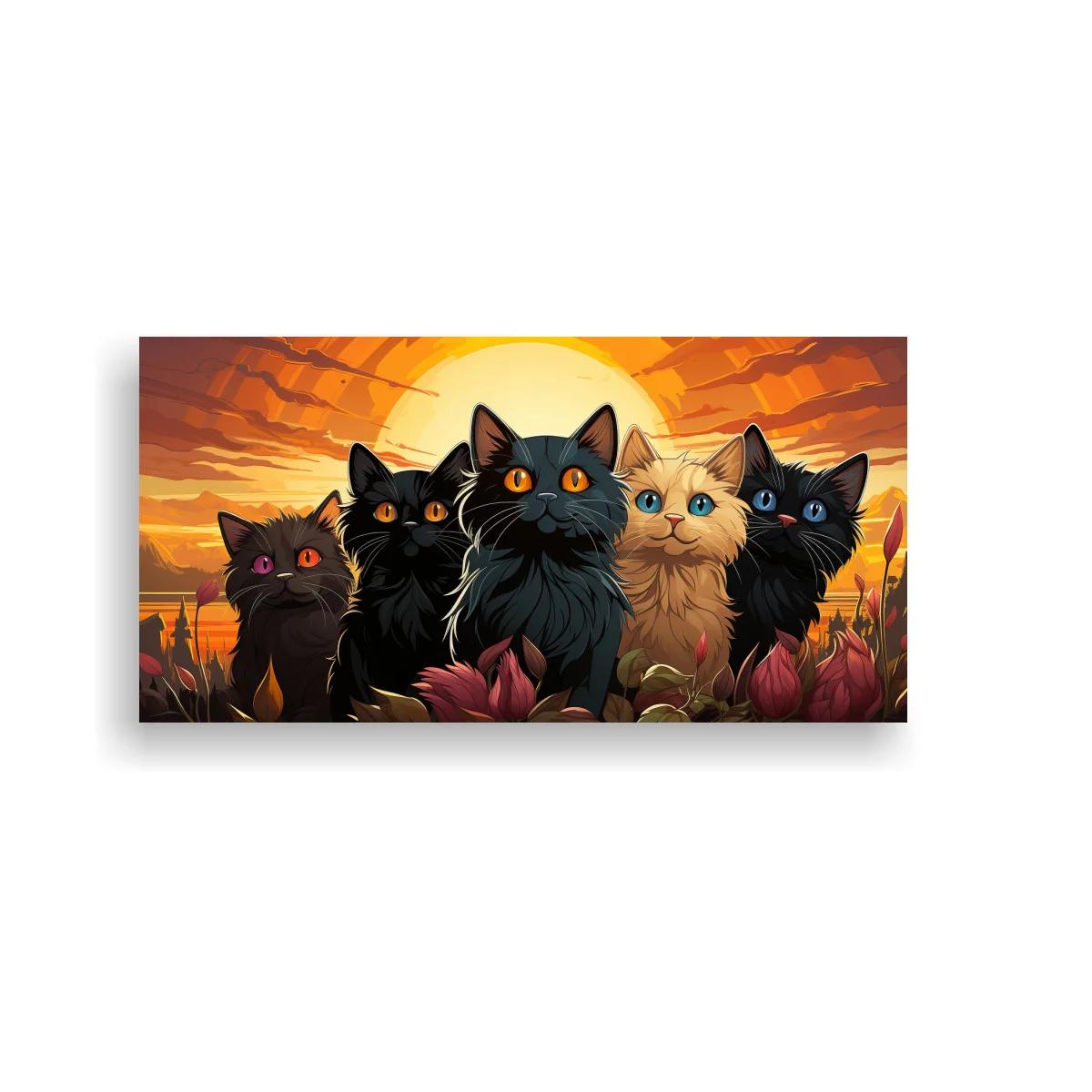 Cuadro grupo de cinco gatos de ojos grandes con sol y flores — imagen principal