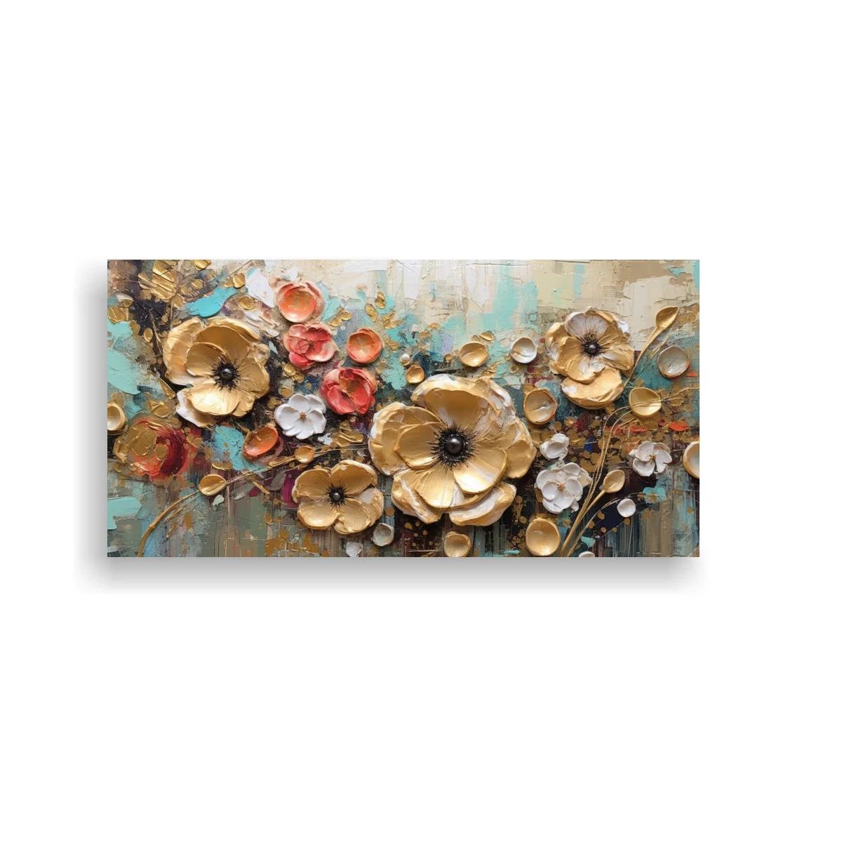 Cuadro flores beige con relieve y capullos dorados — imagen principal