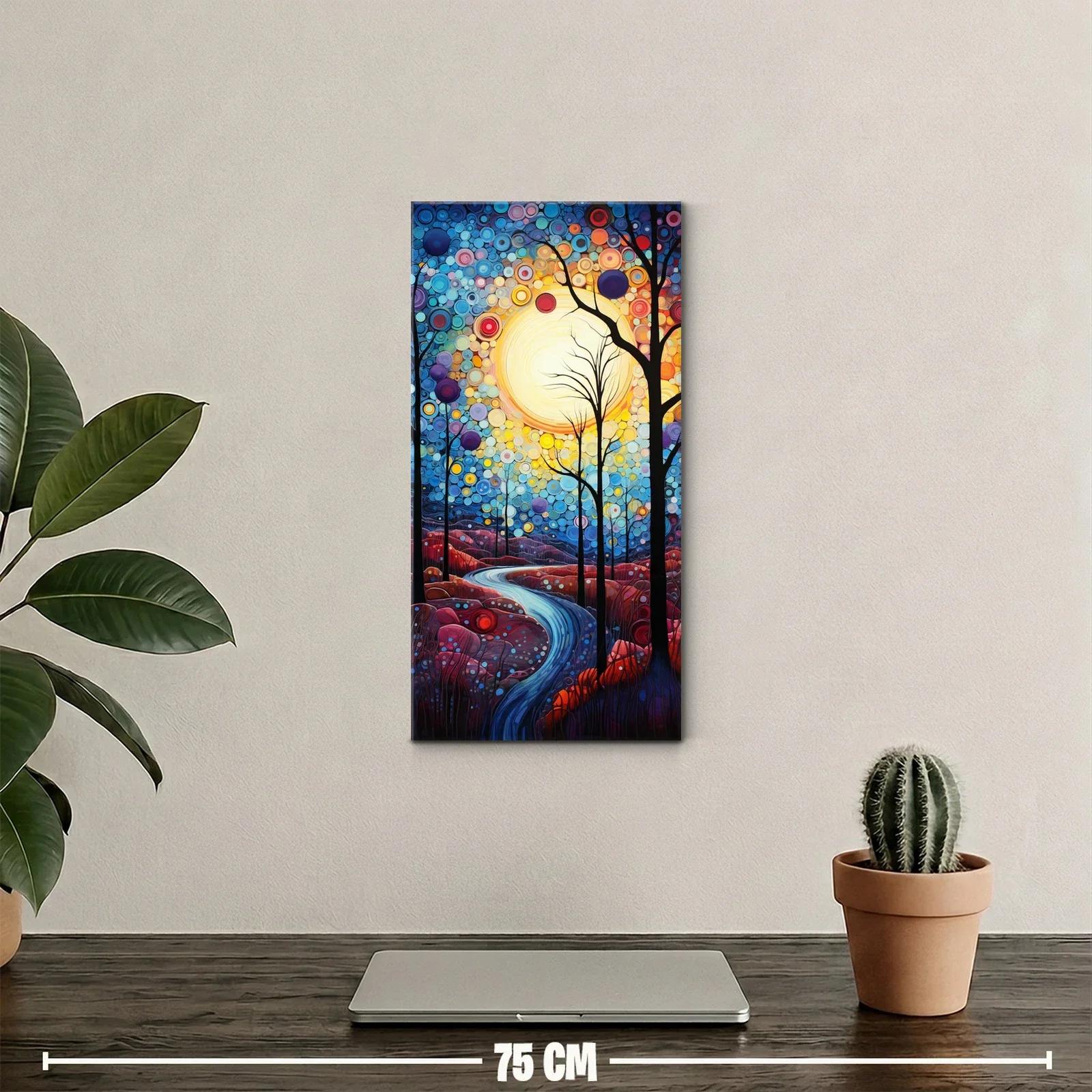 Cuadro paisaje onírico con río brillante y discos de color — miniatura 2