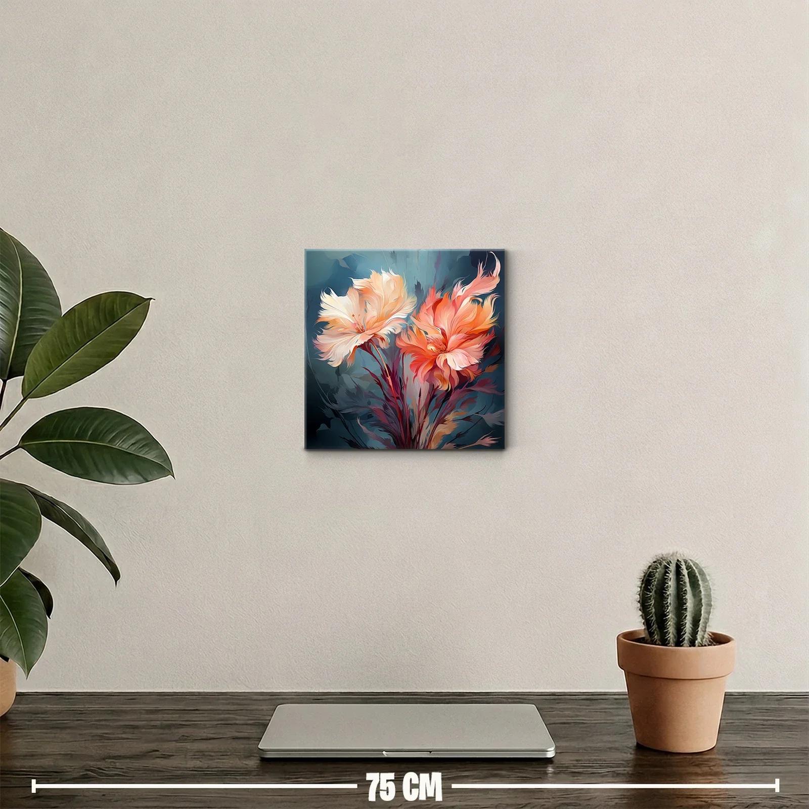 Cuadro floral con tonos cálidos y fondo azul profundo — miniatura 2