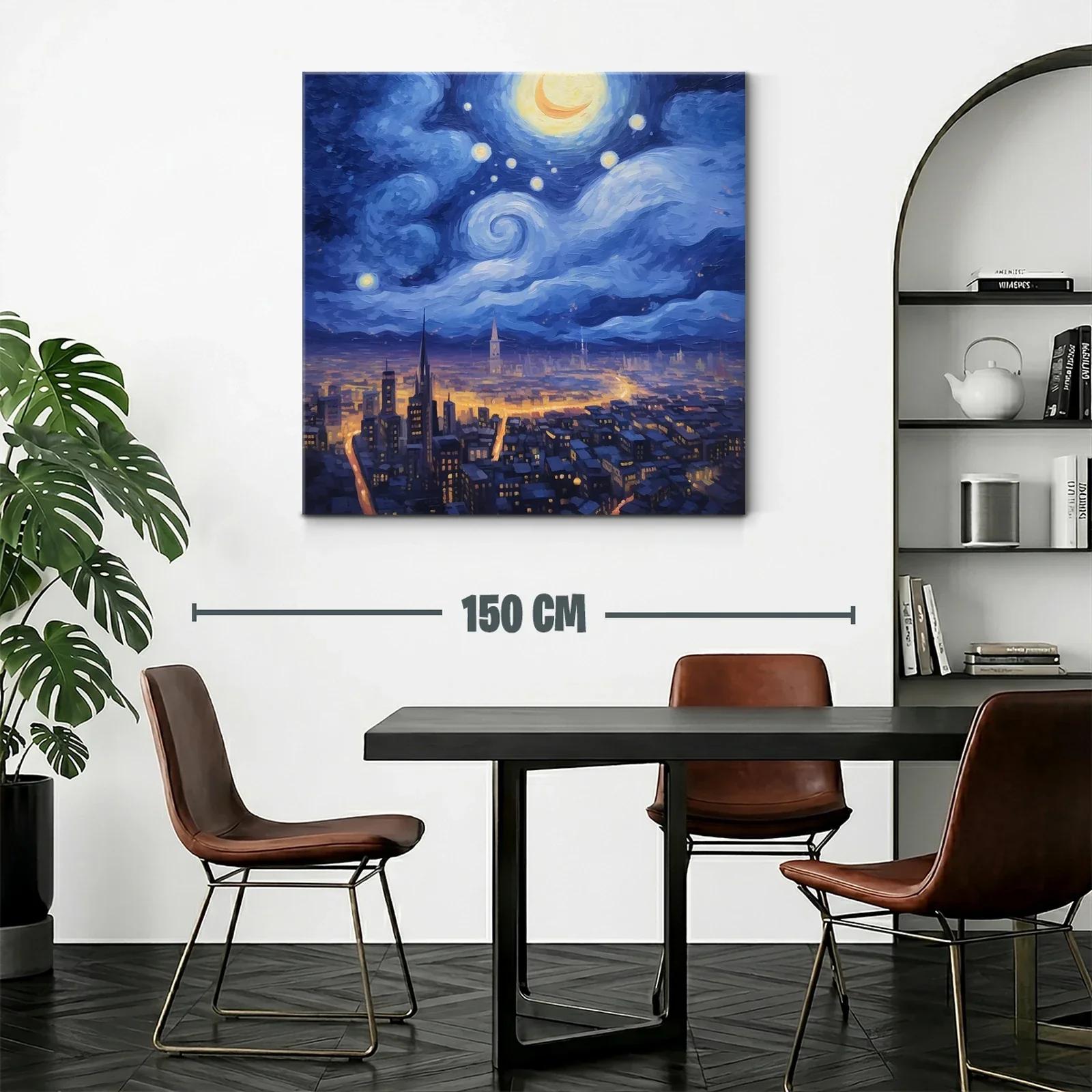Ciudad nocturna iluminada bajo un cielo estrellado y luna creciente — miniatura 2