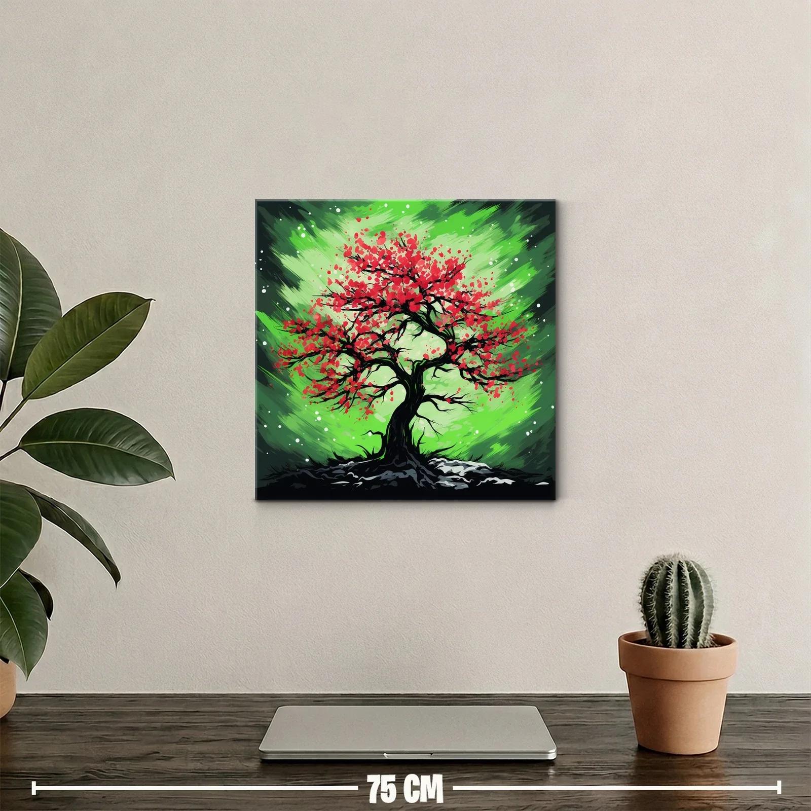 Árbol vibrante con flores rojas sobre fondo verde dinámico — miniatura 2