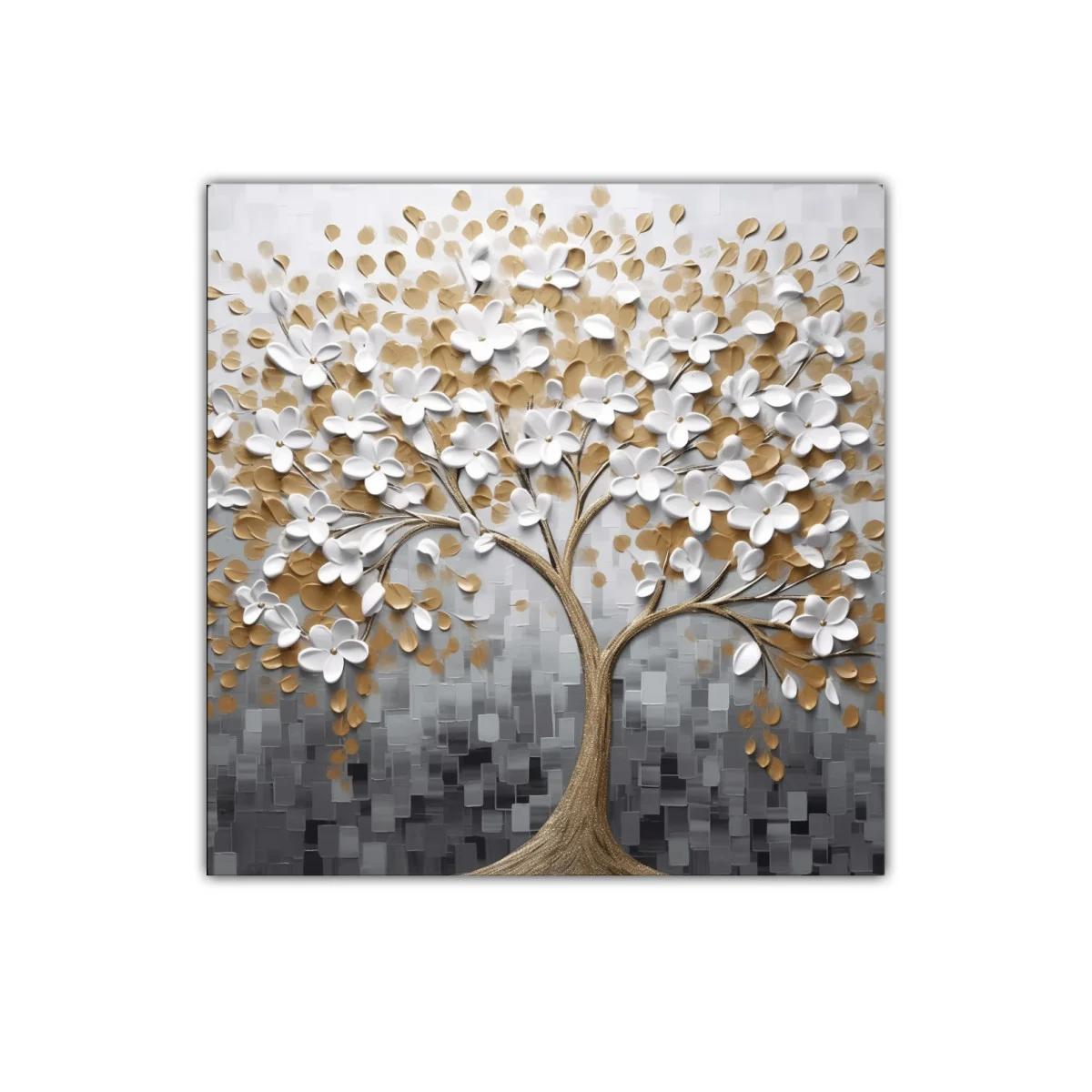 Árbol decorativo con flores blancas y hojas doradas