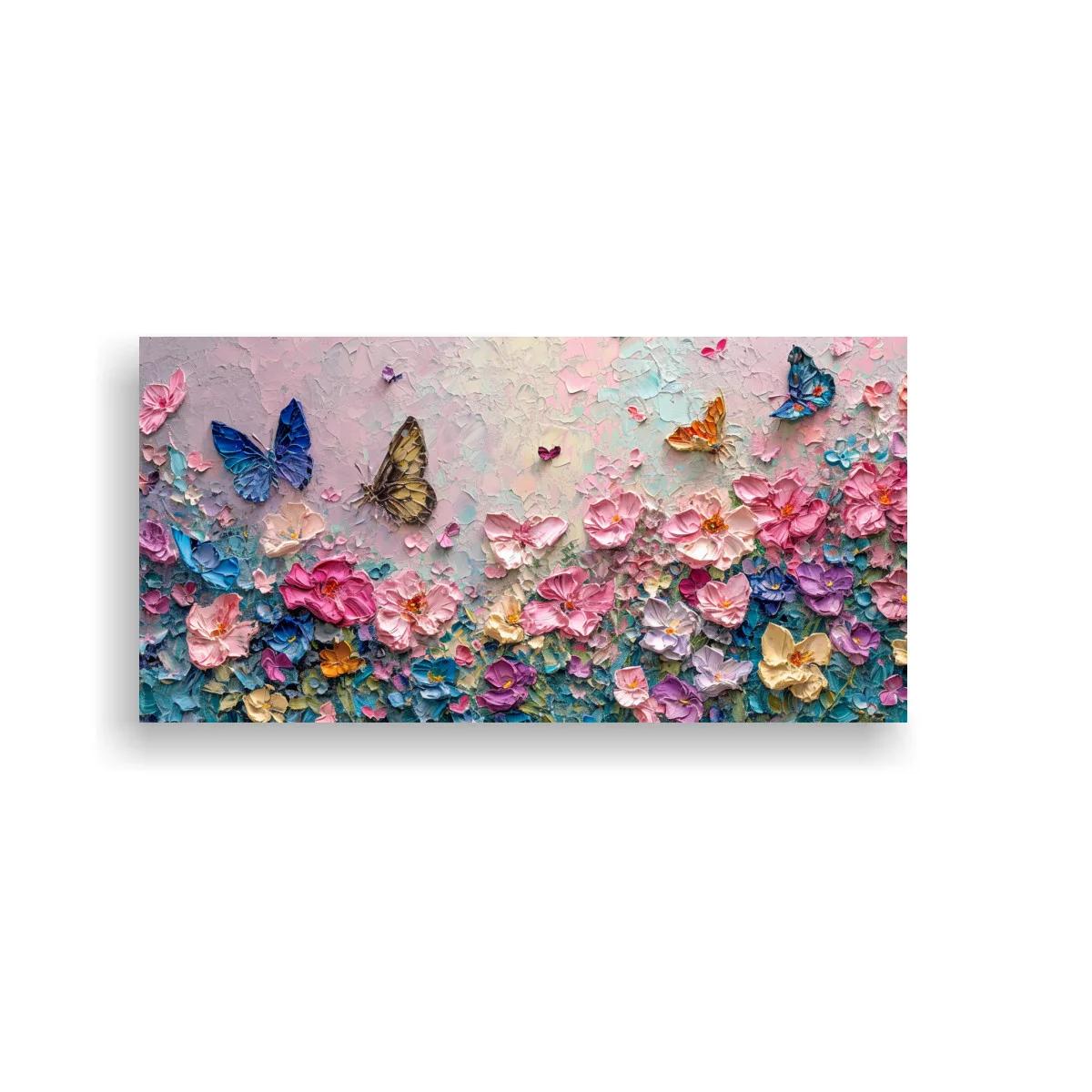 Cuadro mariposas azules doradas y naranjas sobre flores rosas