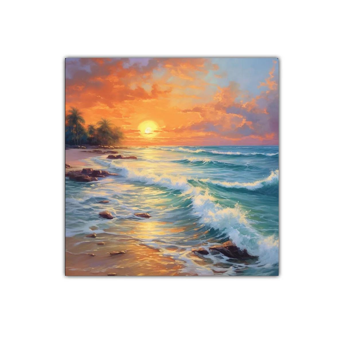 Atardecer con olas y palmeras en la playa tropical — miniatura 1