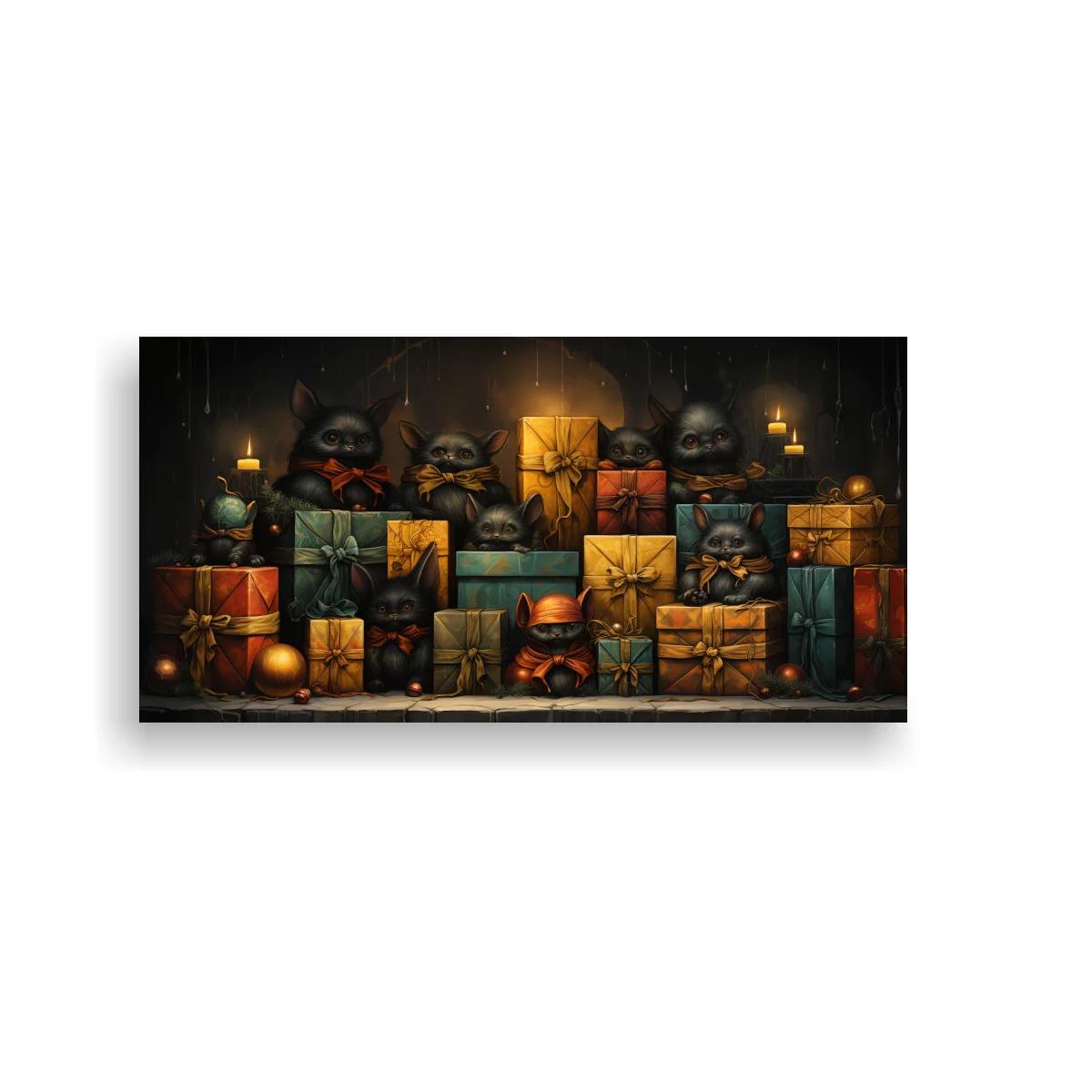 Cuadro regalos apilados con calaveras y velas