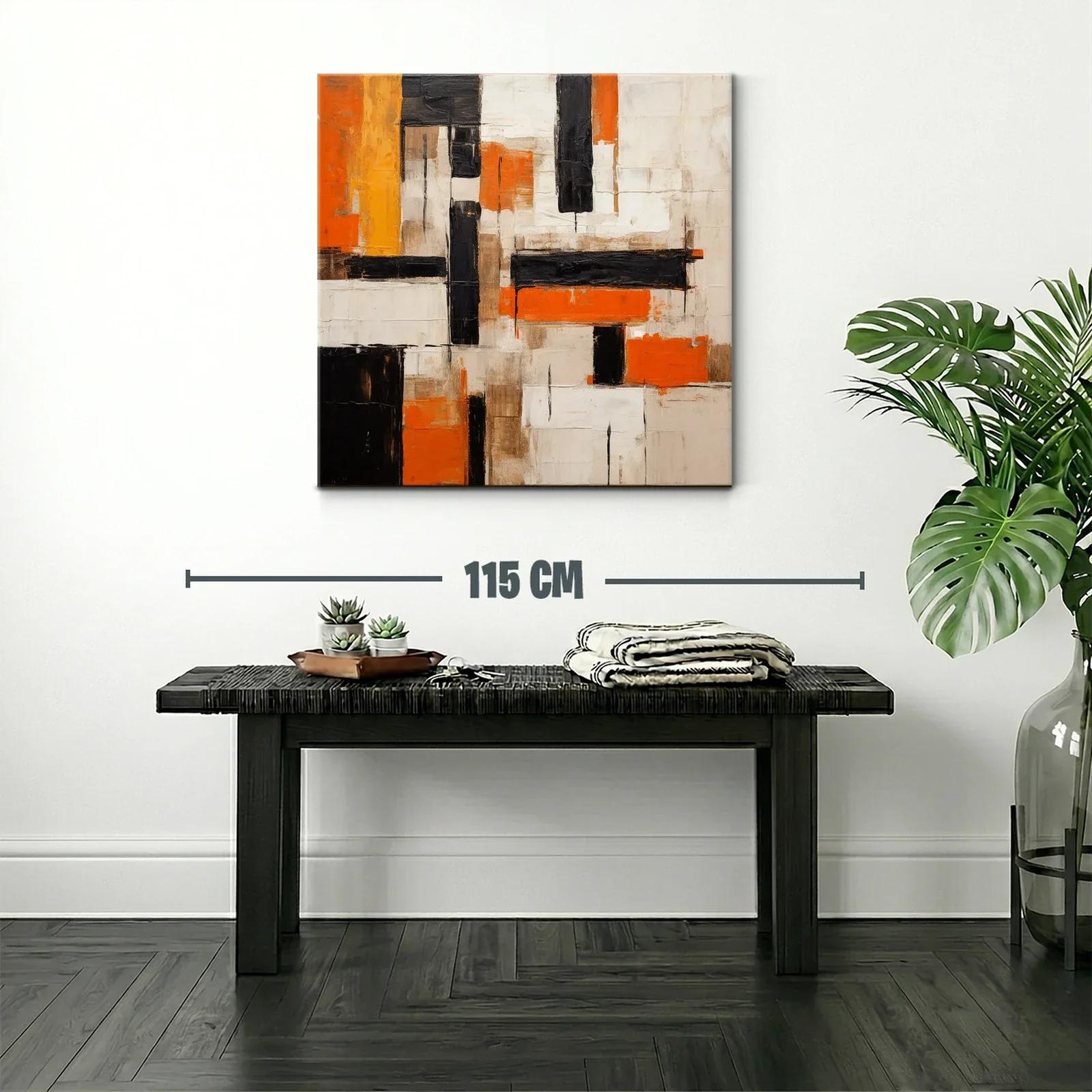 Cuadro abstracto con bloques en naranja negro y beige — miniatura 2