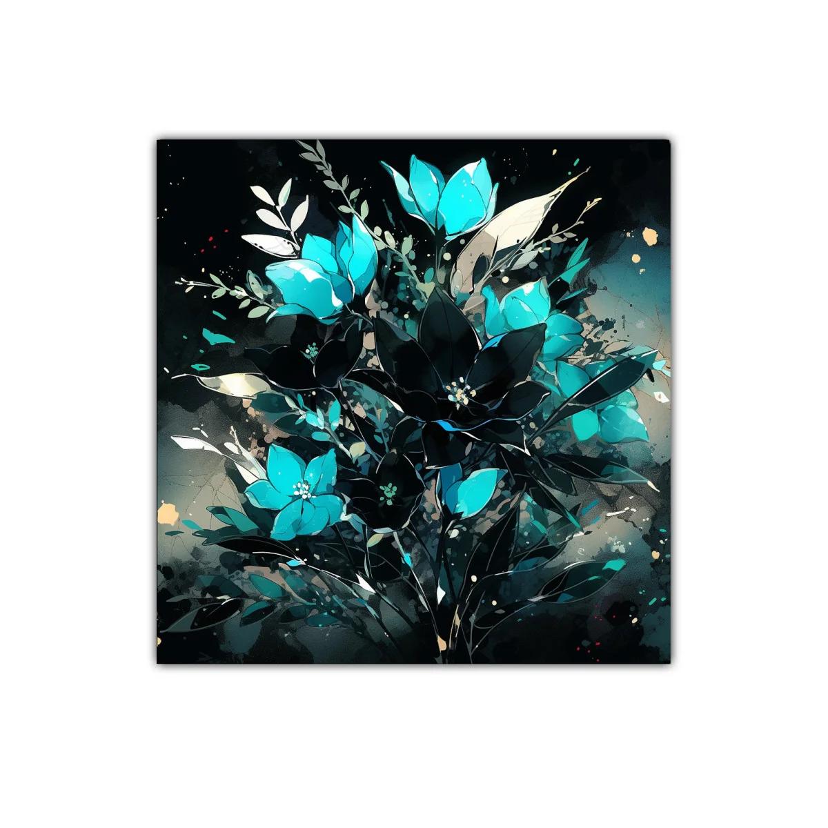 Ramo vibrante de flores turquesa y negras sobre fondo oscuro — imagen principal