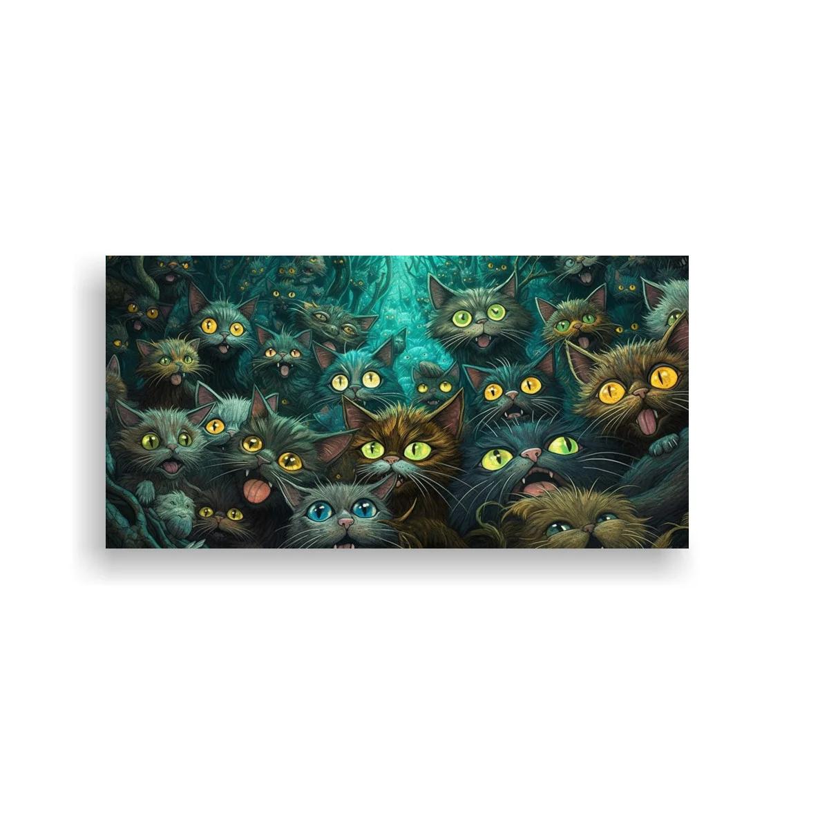 Cuadro grupo de gatos de ojos brillantes con toques de luz turquesa