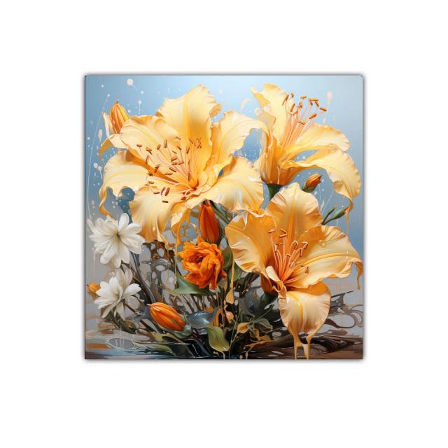 Cuadro decorativo con ramo de flores amarillas y anaranjadas vibrantes