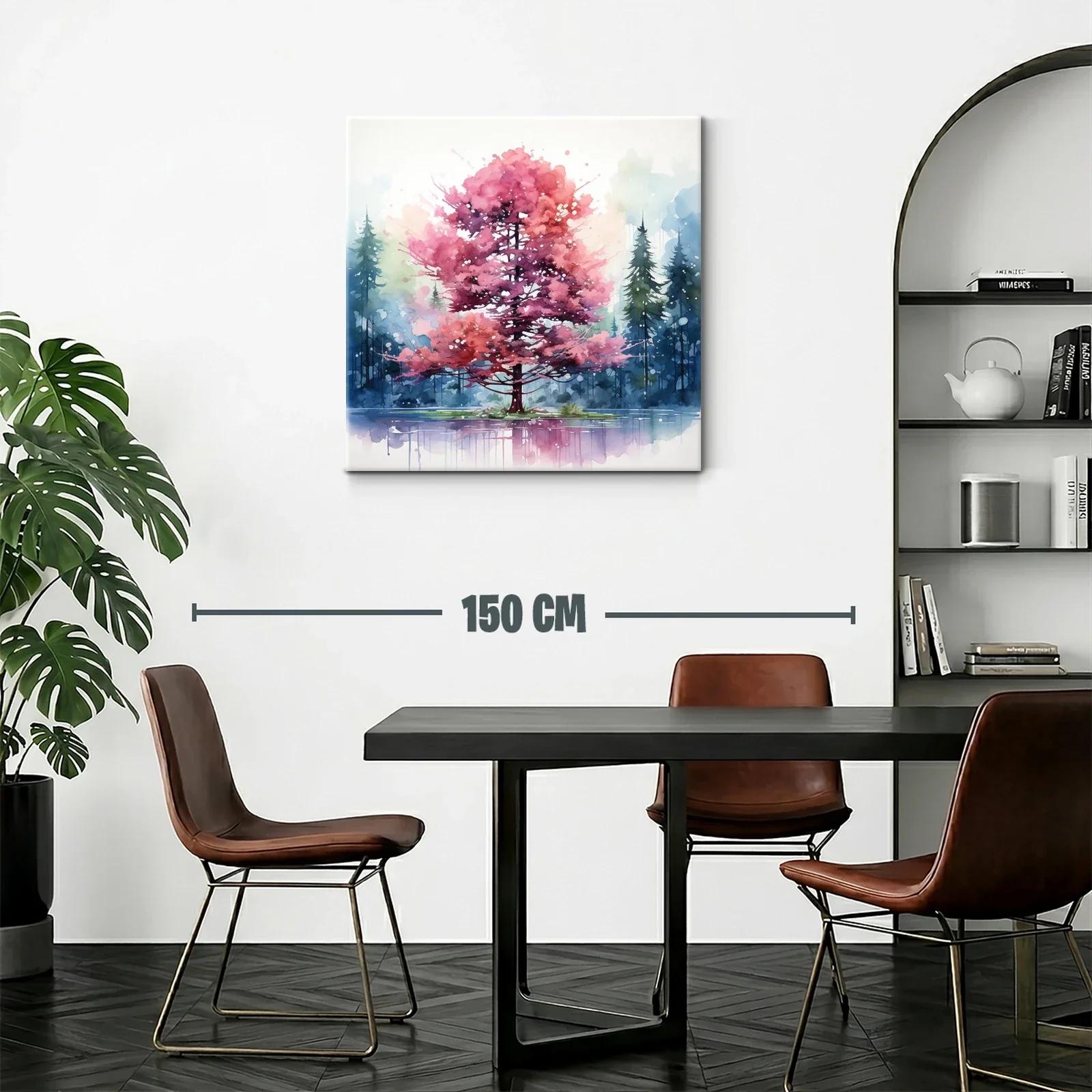 Árbol rosa en lago con fondo de pinos azules y verdes — miniatura 2