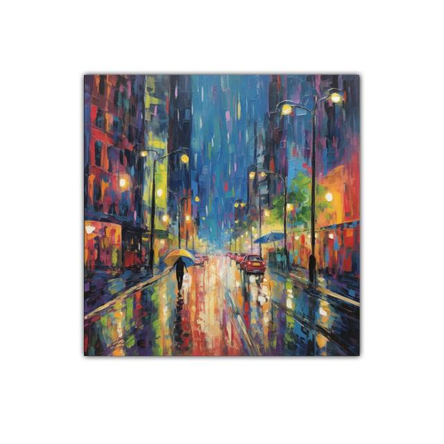 Atardecer lluvioso en ciudad iluminada con paraguas