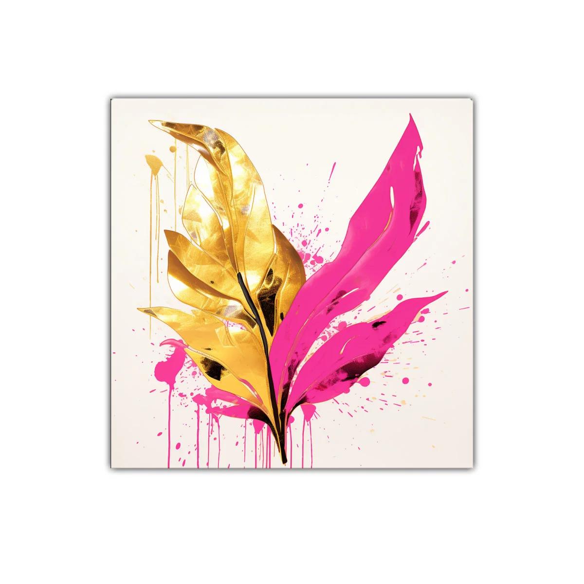 Cuadro con hojas doradas y rosas vibrantes para decorar