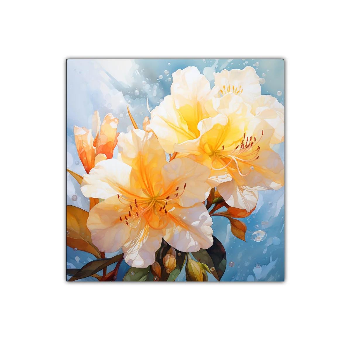 Cuadro floral con tonos cálidos y frescura acuática — imagen principal