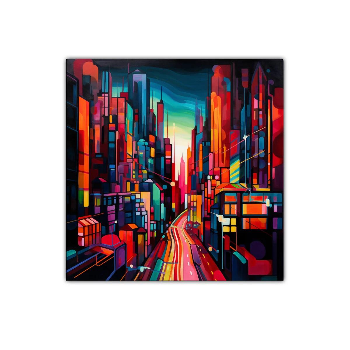 Ciudad vibrante al atardecer con luces intensas y dinámicas