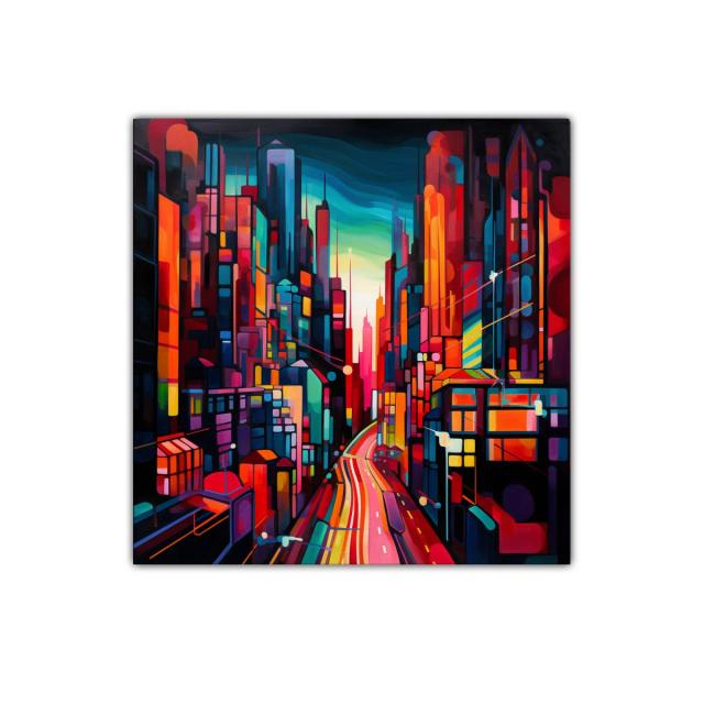 Ciudad vibrante al atardecer con luces intensas y dinámicas