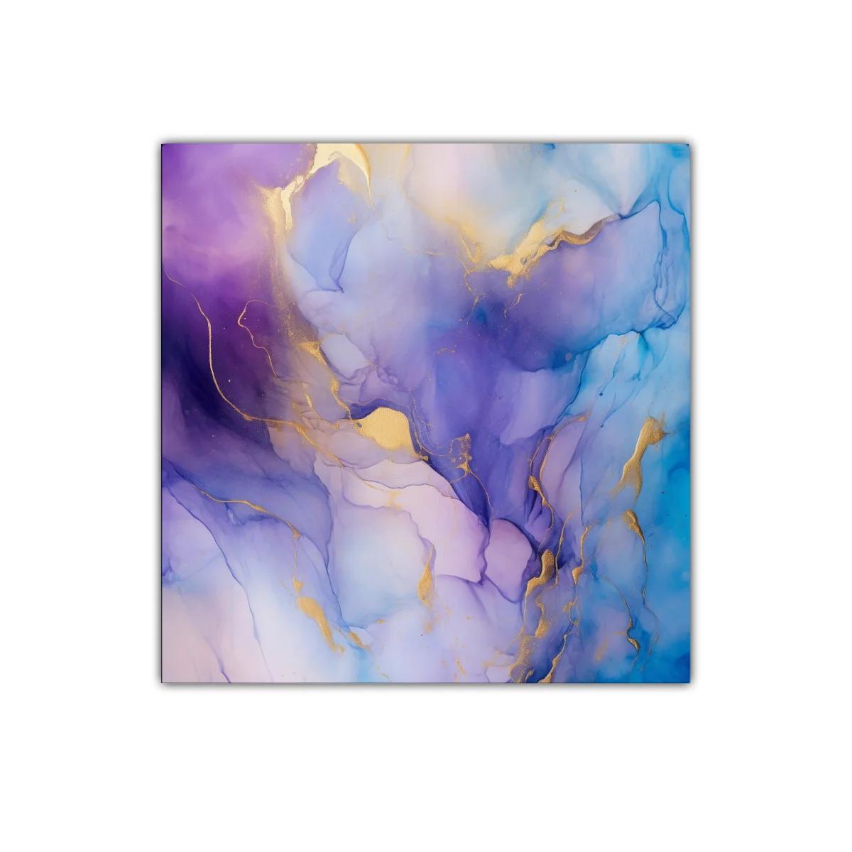 Cuadro abstracto en tonos azul, violeta y dorado elegante