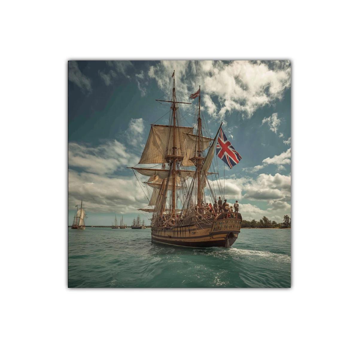 Barco antiguo con velas y bandera británica en el mar — imagen principal