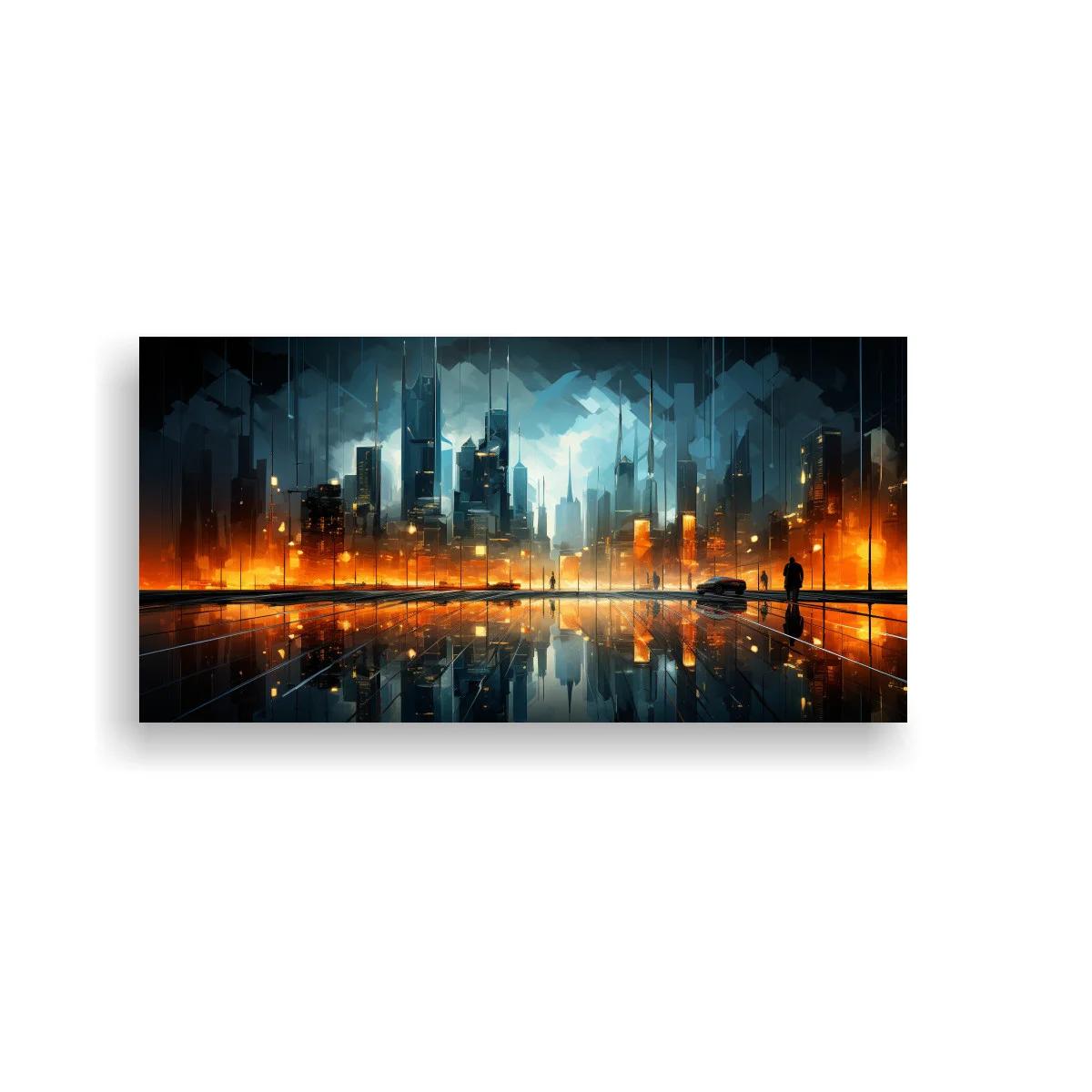 Cuadro skyline urbano futurista con suelo reflectante