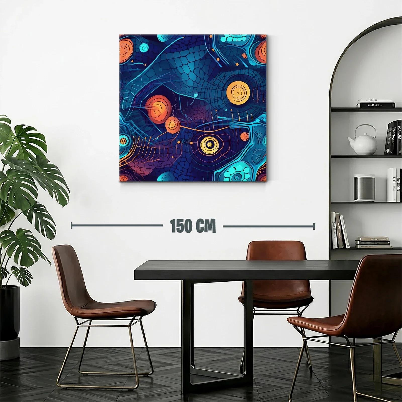 Cuadro abstracto con formas circulares en tonos azules y naranjas — miniatura 2