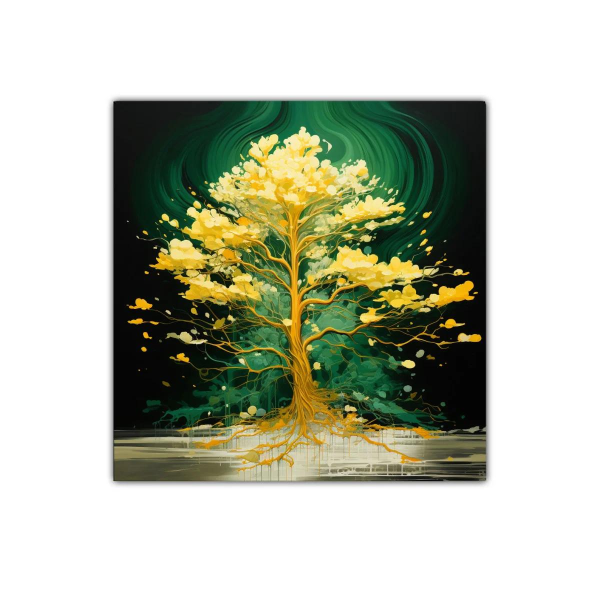 Árbol luminoso con tonos dorados sobre fondo verde oscuro — imagen principal