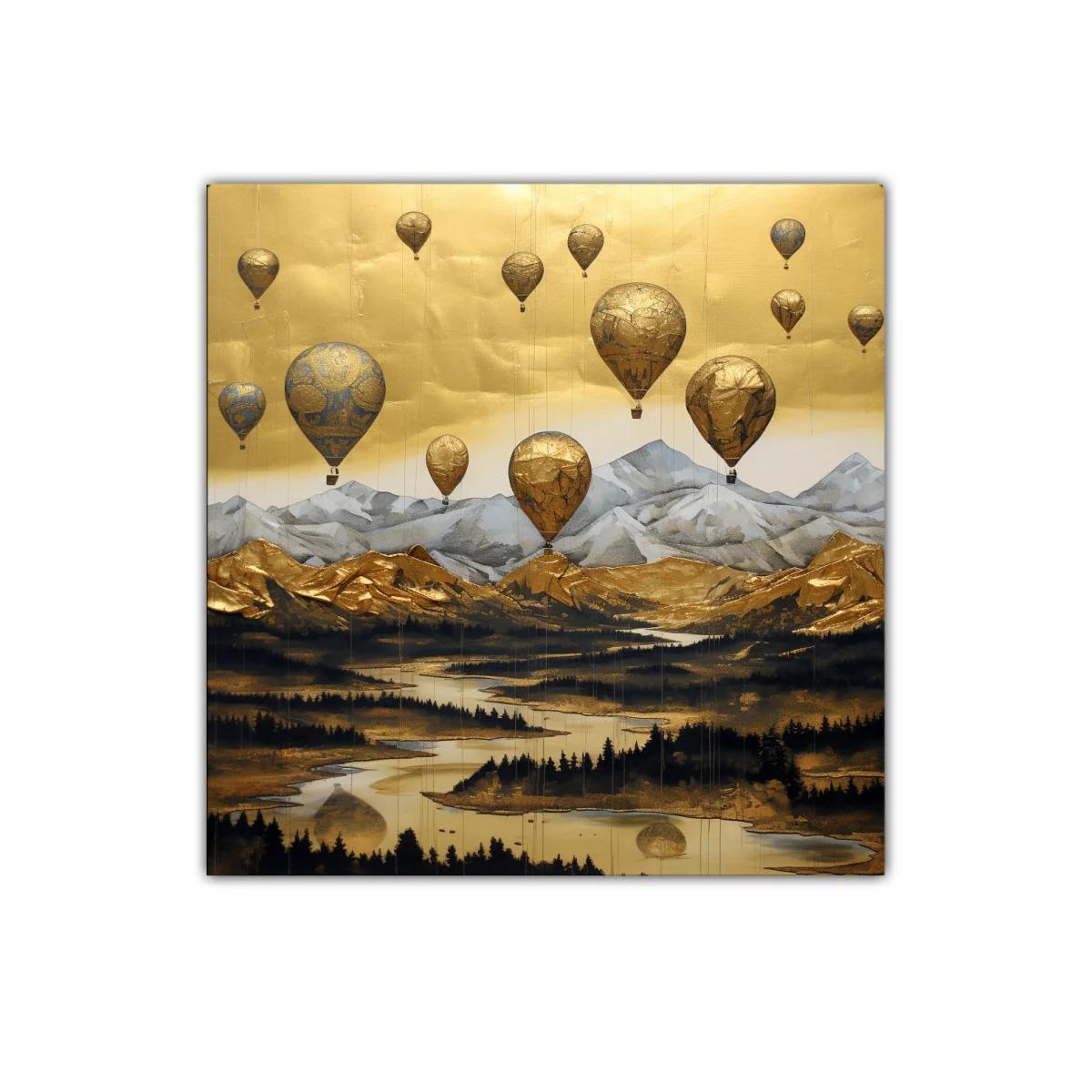Paisaje dorado con globos aerostáticos sobre montañas — imagen principal