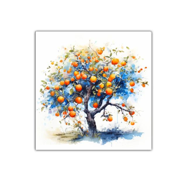 Árbol de naranjas vibrantes con fondo azul y blanco