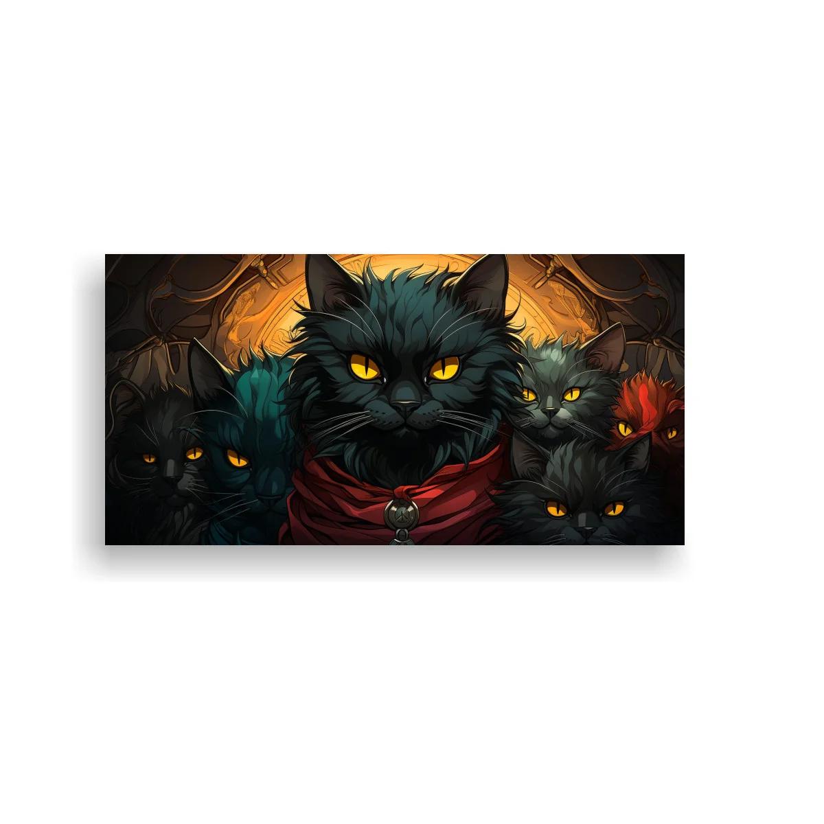 Cuadro gato negro de ojos amarillos con resplandor cálido
