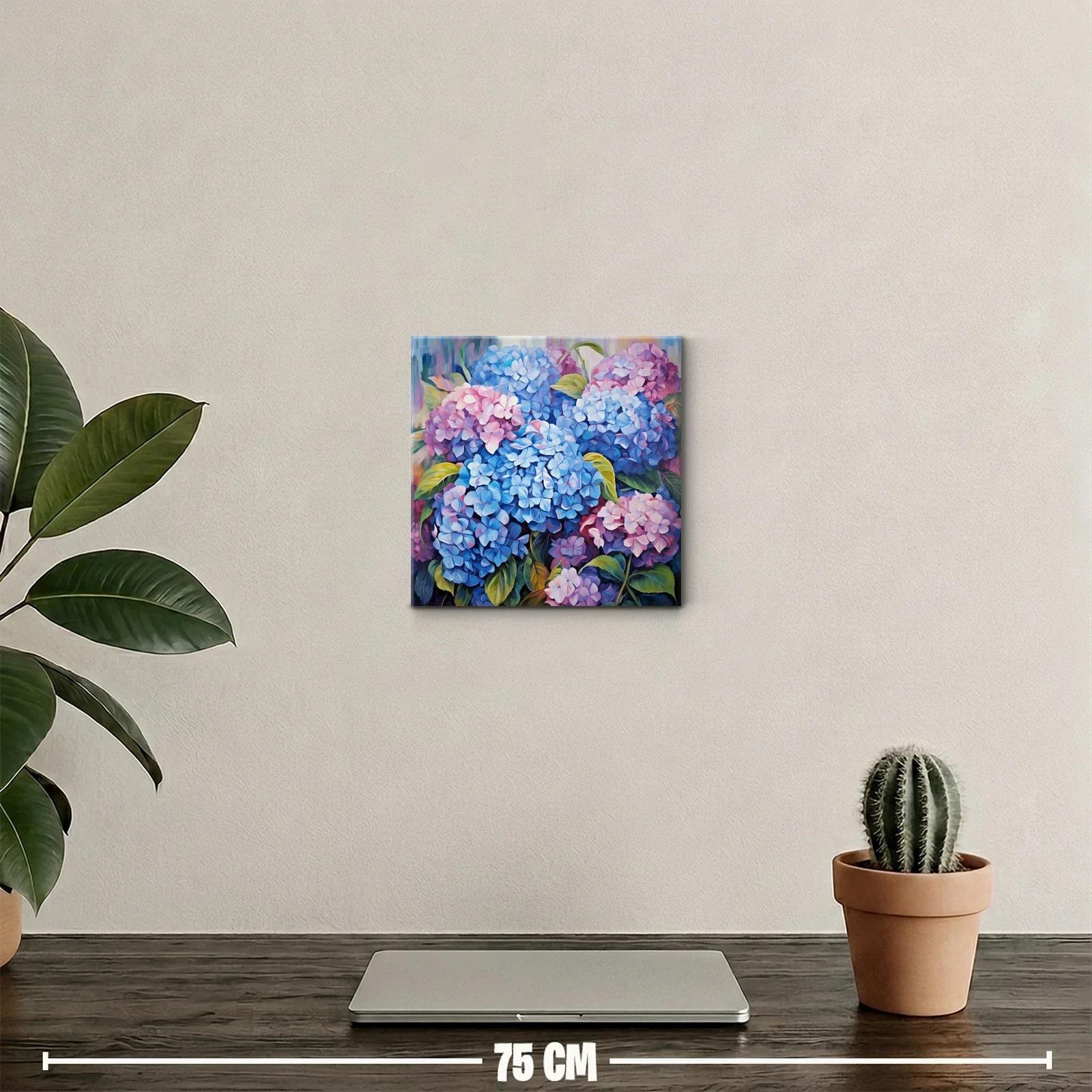 Cuadro decorativo con vibrantes hortensias en tonos azules y rosas — miniatura 2