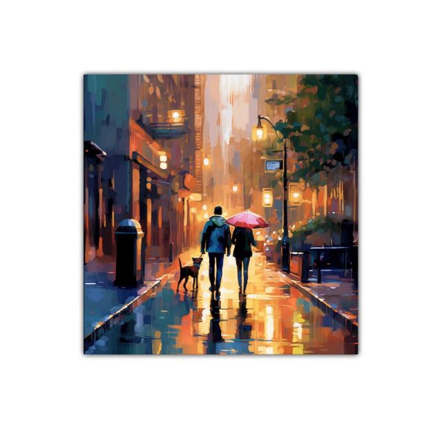 Paseo urbano al atardecer con perro y paraguas rojo