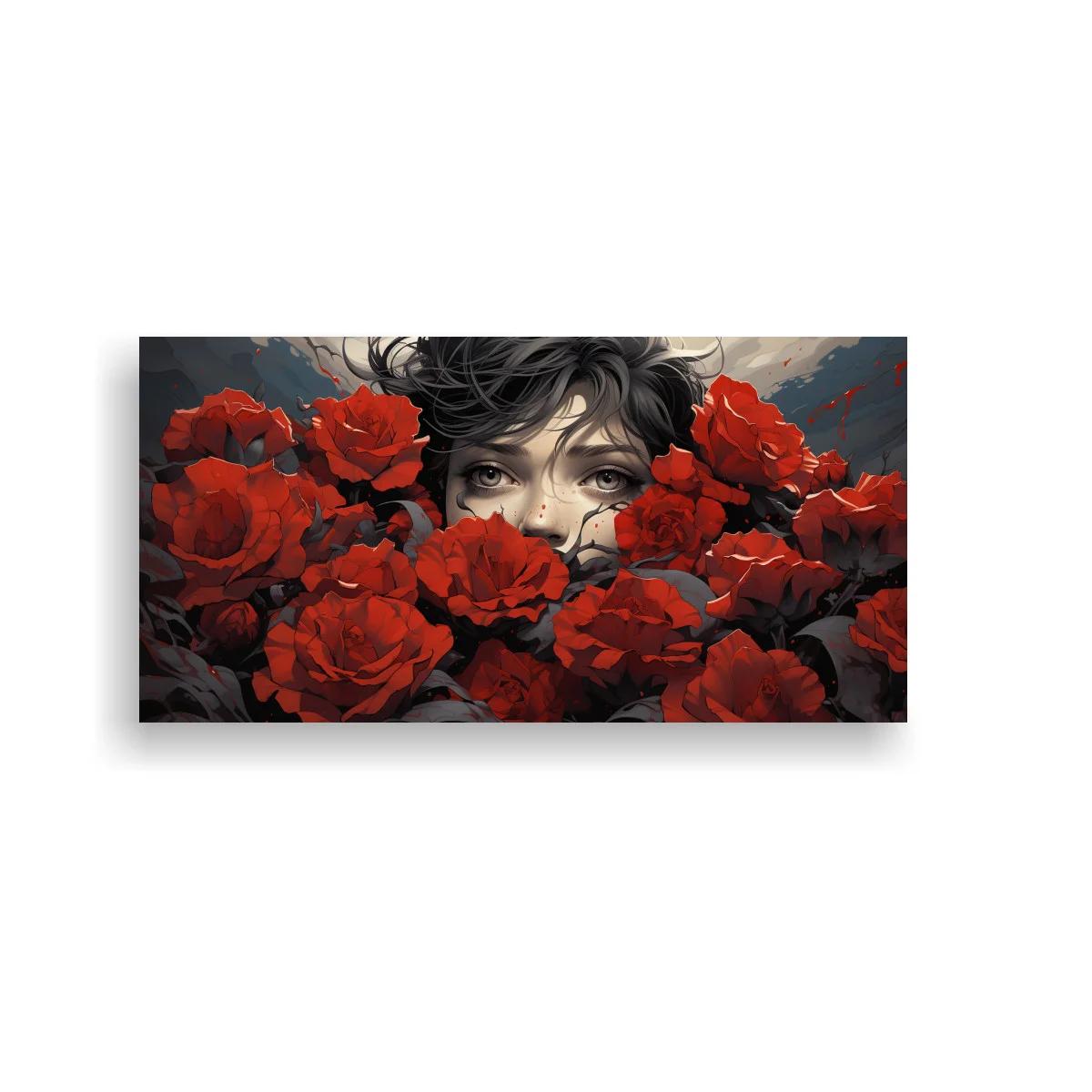Cuadro mujer entre rosas rojas y pétalos superpuestos