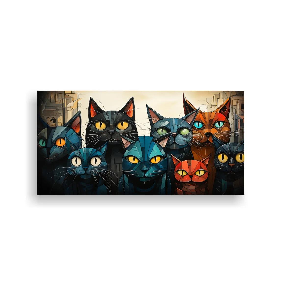 Cuadro grupo de gatos de colores con rostros angulosos