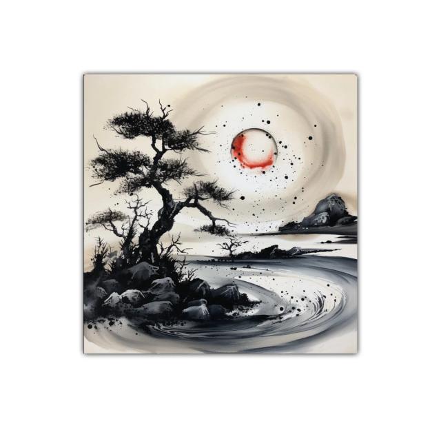 Paisaje onírico con árboles y luna roja en tinta china