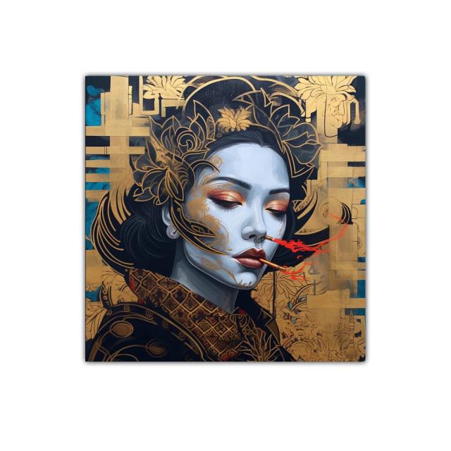 Retrato femenino con detalles dorados y humo rojo intenso