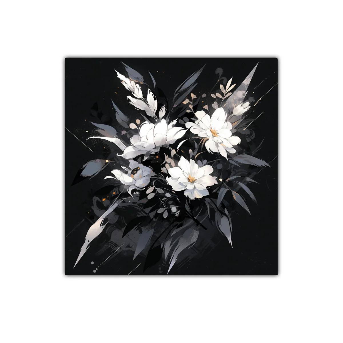 Elegancia floral en tonos blancos y grises sobre fondo oscuro