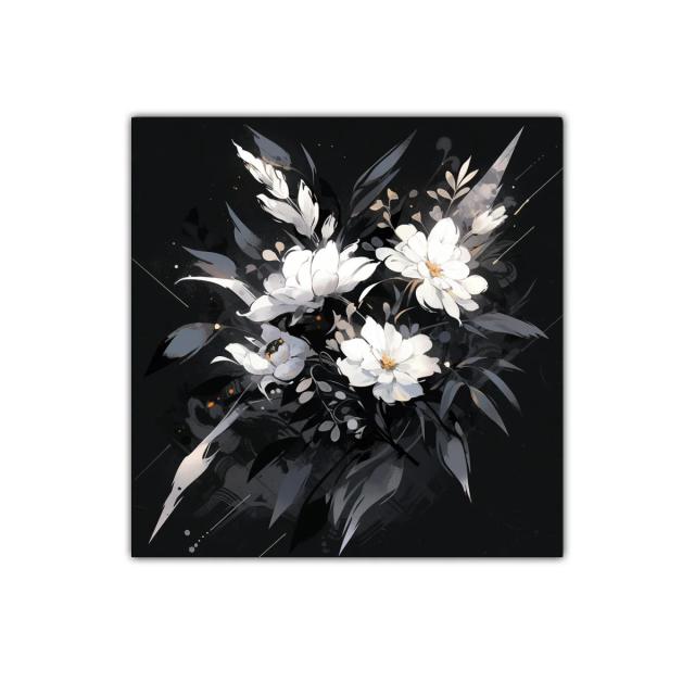 Elegancia floral en tonos blancos y grises sobre fondo oscuro