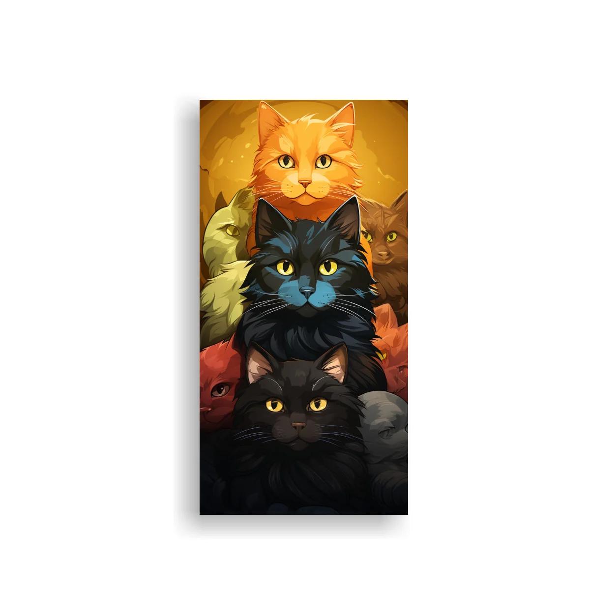 Cuadro grupo de gatos con ojos brillantes y fondo oscuro