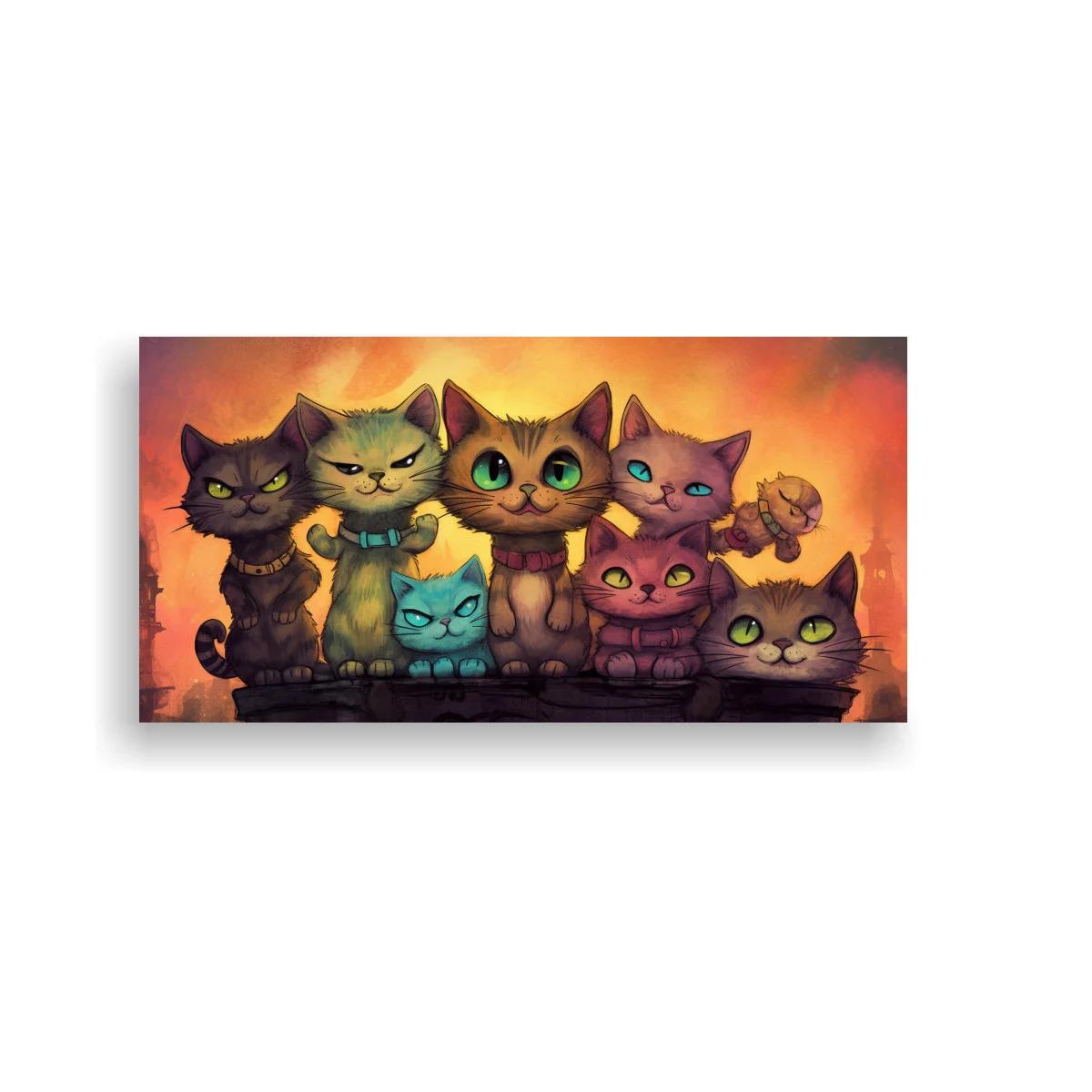Cuadro grupo de gatos caricaturescos con ratón y fondo urbano difuso