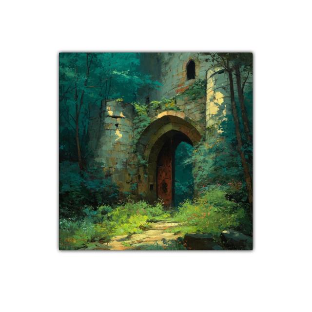 Entrada mágica de castillo entre frondoso bosque verde