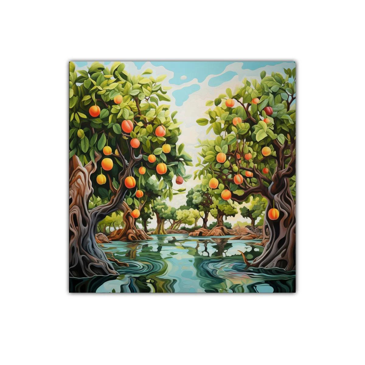 Cuadro de paisaje con árboles frutales y agua serena — imagen principal