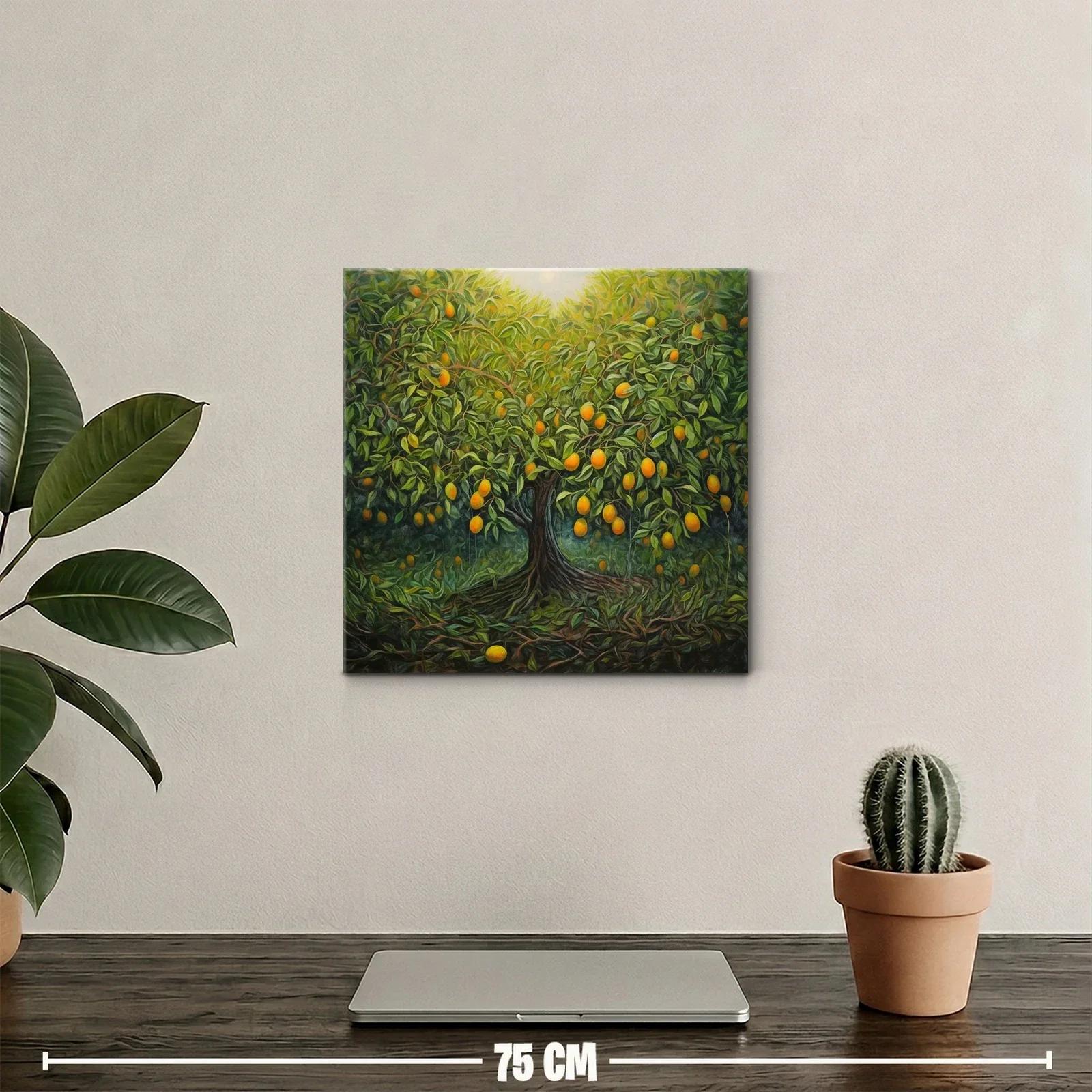 Cuadro árbol frutal con tonos verdes y naranjas vibrantes — miniatura 2
