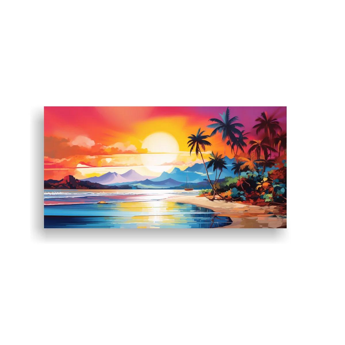 Cuadro playa tropical al atardecer con palmeras en un lateral