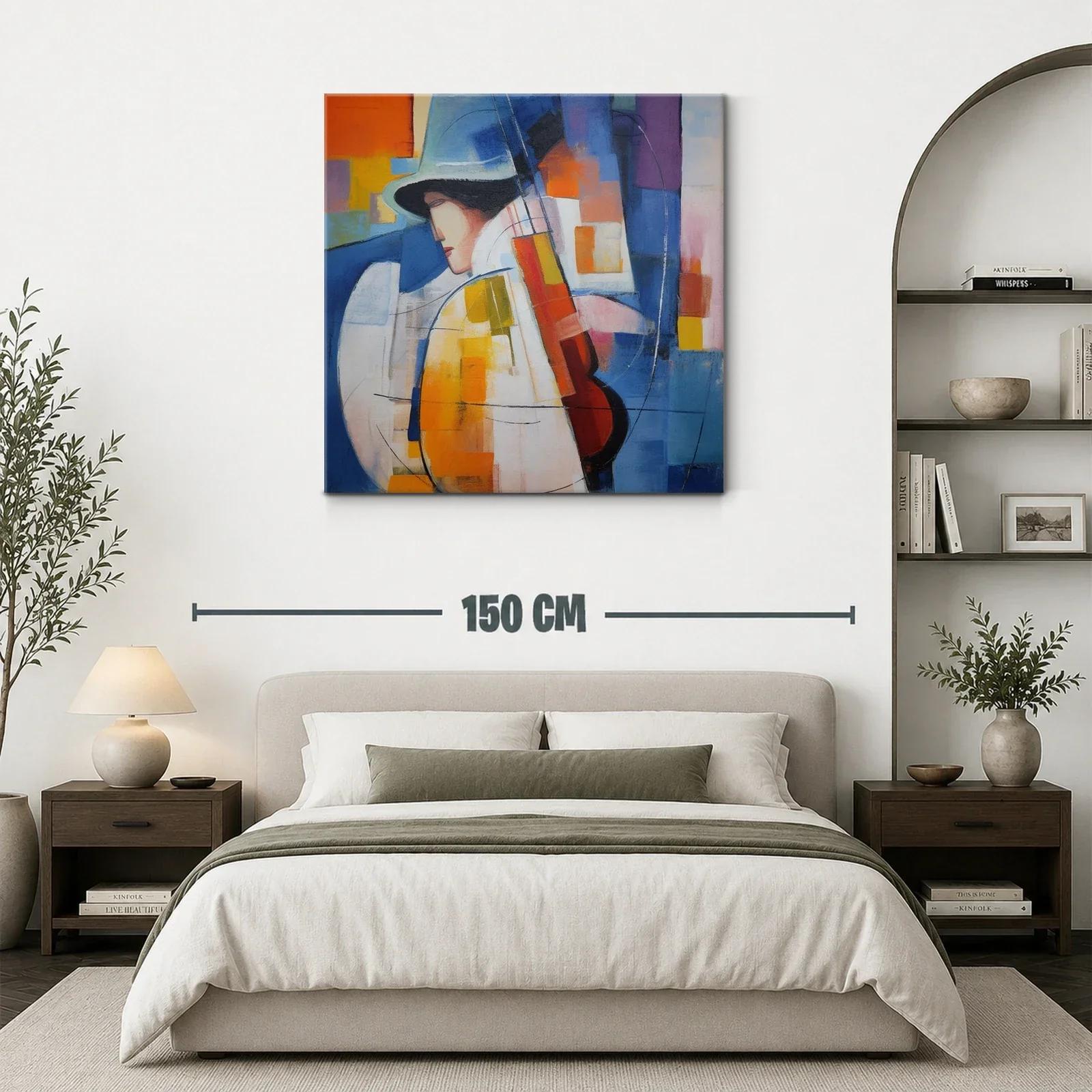 Cuadro abstracto con músico y paleta vibrante azul y naranja — miniatura 3