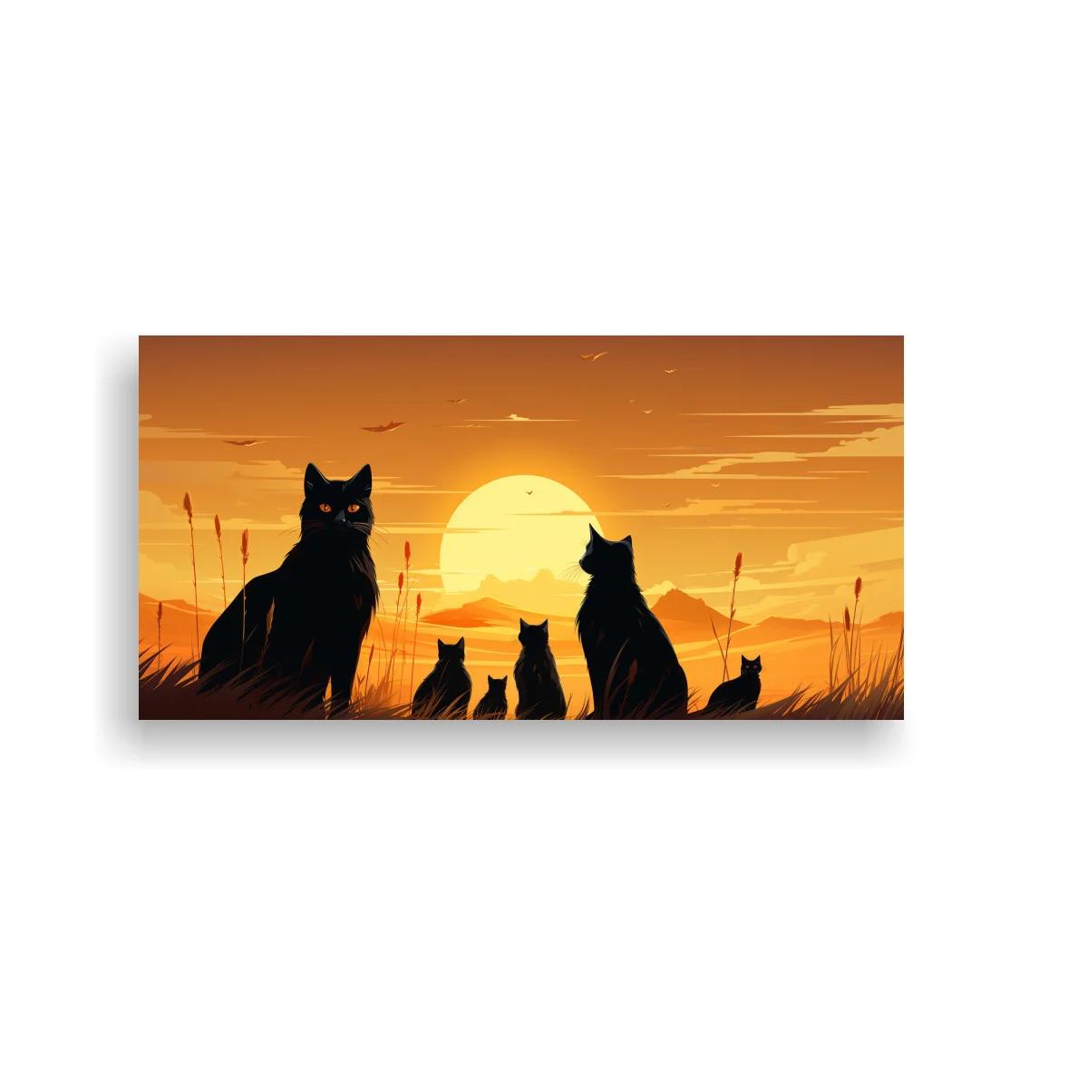 Cuadro gatos negros al atardecer con sol dorado