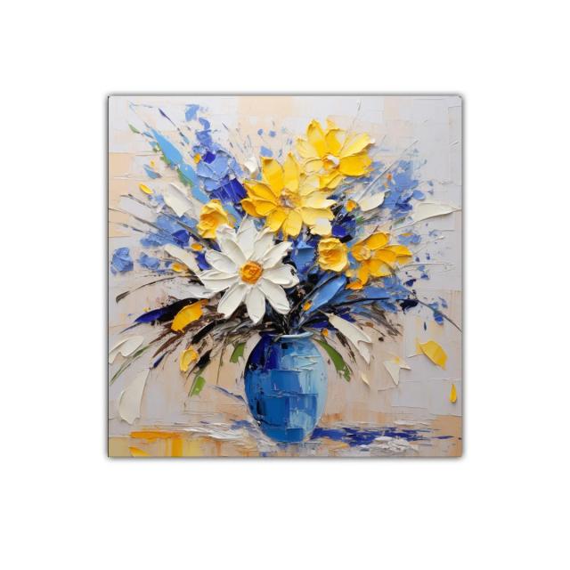 Colorido ramo floral en jarrón azul vibrante y delicado