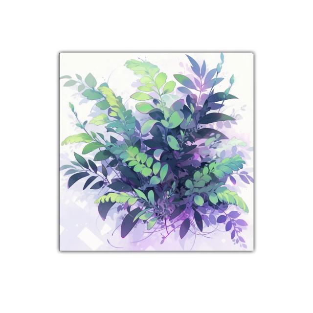 Composición botánica en tonos verdes y lilas vibrantes