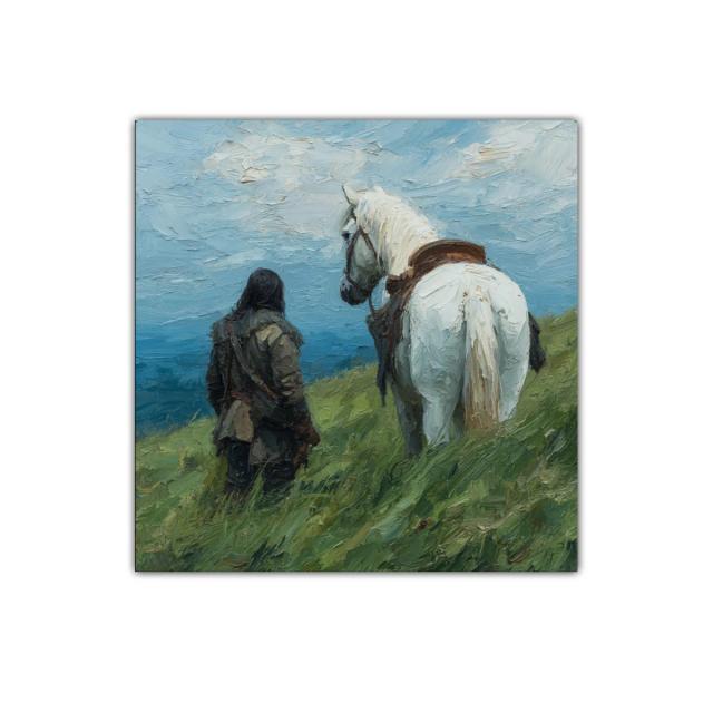 Escena Campestre con Jinete y Caballo Blanco en Paisaje Abierto