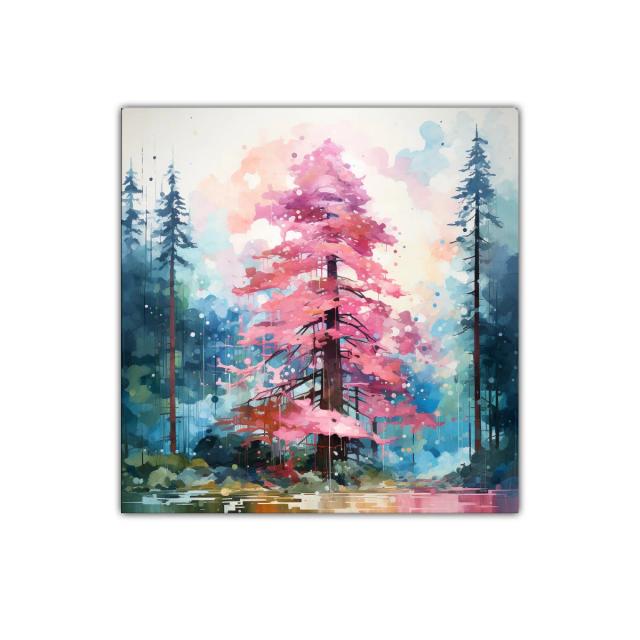 Árbol rosa entre coníferas en bosque mágico
