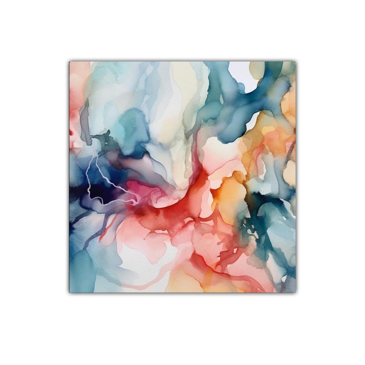 Cuadro abstracto con tonos cálidos y fríos entrelazados