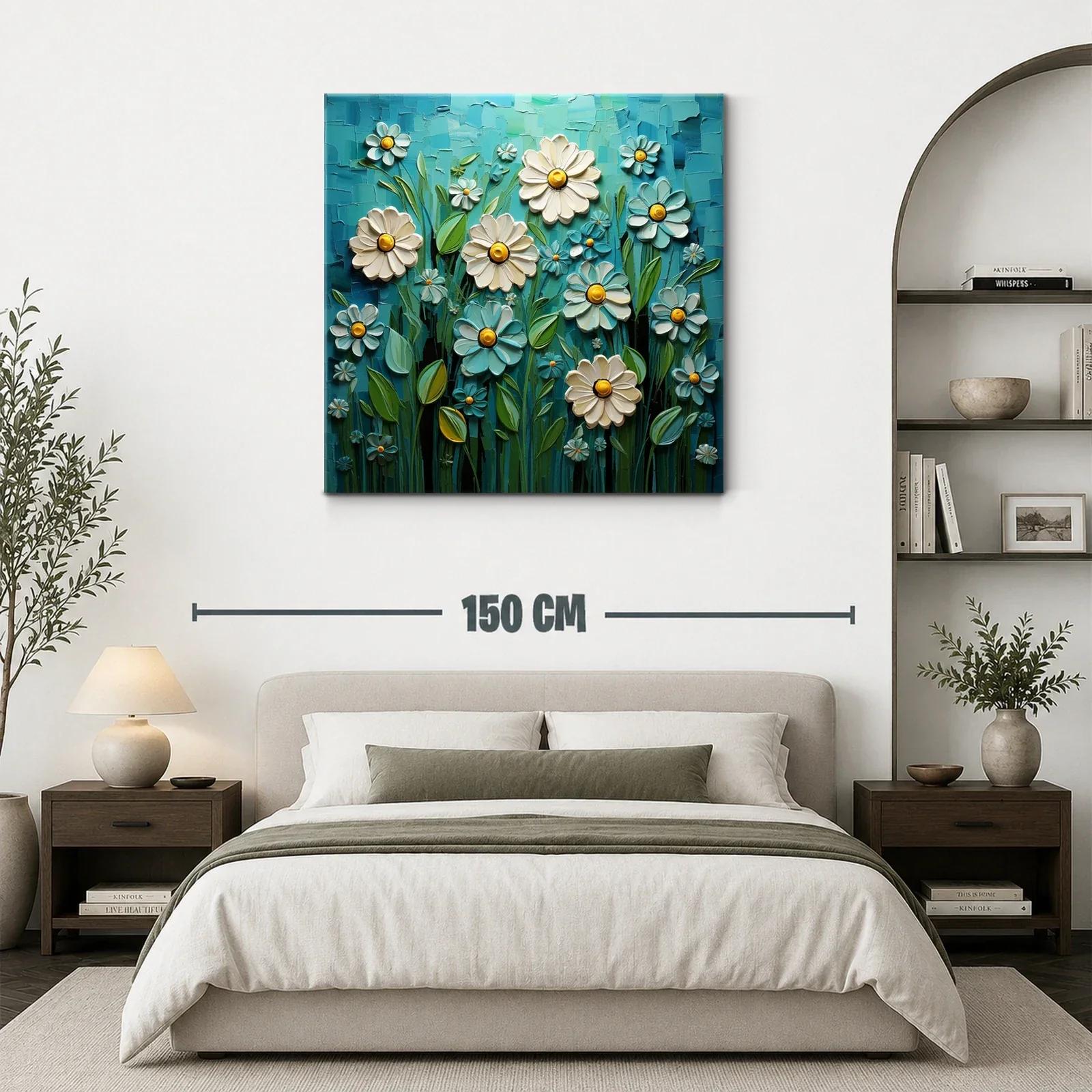 Flores blancas y azules con detalles amarillos en campo vibrante — miniatura 3
